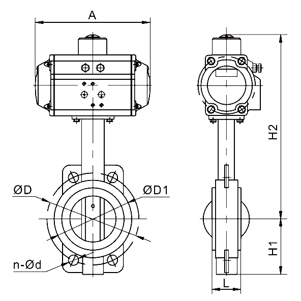 Body dimensions of pneumatic actuated wafer type butterfly valve