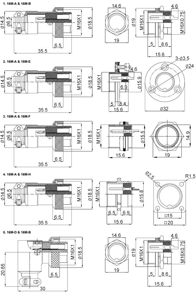 Circular connector 2 to 10 pin m16 dimensional drawing