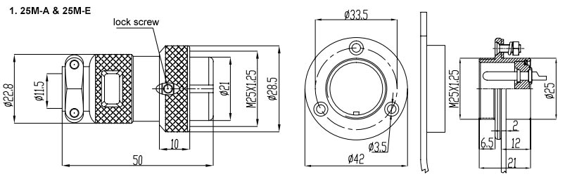 Circular connector 2 to 12 pin m25 dimensional drawing
