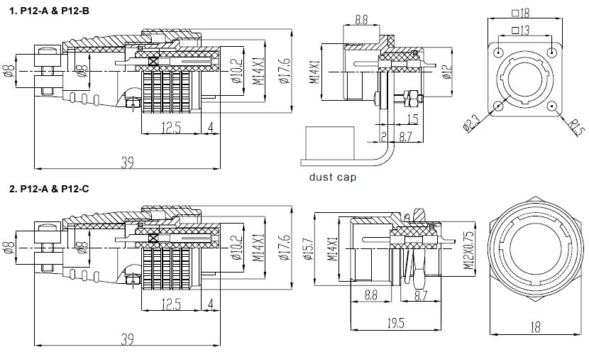 Circular connector 2 to 7 pin m14 dimensional drawing