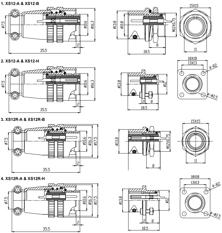 Circular connector 2 to 8 pin m12 dimensional drawing