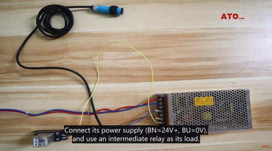 Connect diffuse reflective photoelectric sensor with relay and power supply