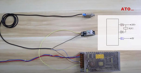 Connect laser sensor with power supply and relay according to circuit diagram