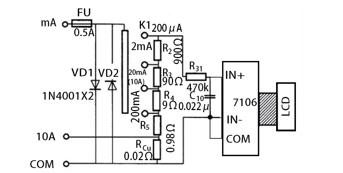 DC current measurement circuit diagram of multimeter