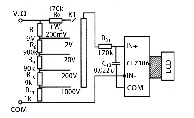 DC voltage measurement circuit diagram of multimeter