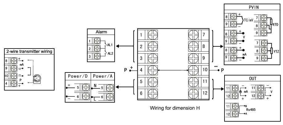 Wiring diagram for double 4 digit LED panel meter dimension H