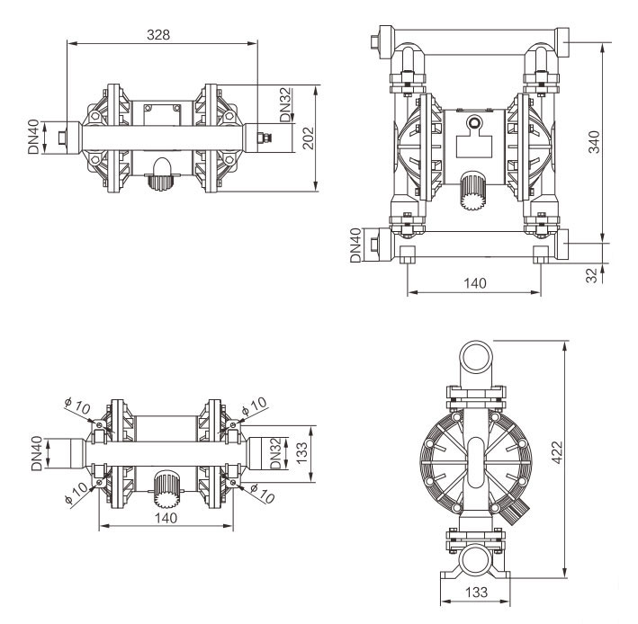 Dimension Drawing of 1-1/2 inch Air Operated Double Diaphragm Pump