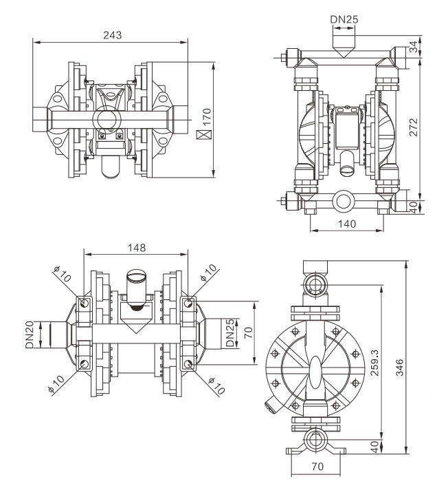 Dimension Drawing of 1 inch Air Operated Diaphragm Pump