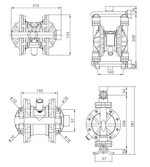 Dimension Drawing of 3/8 inch Air Operated Double Diaphragm Pump