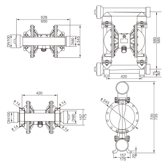 Dimension Drawing of 4 inch Air Operated Double Diaphragm Pump