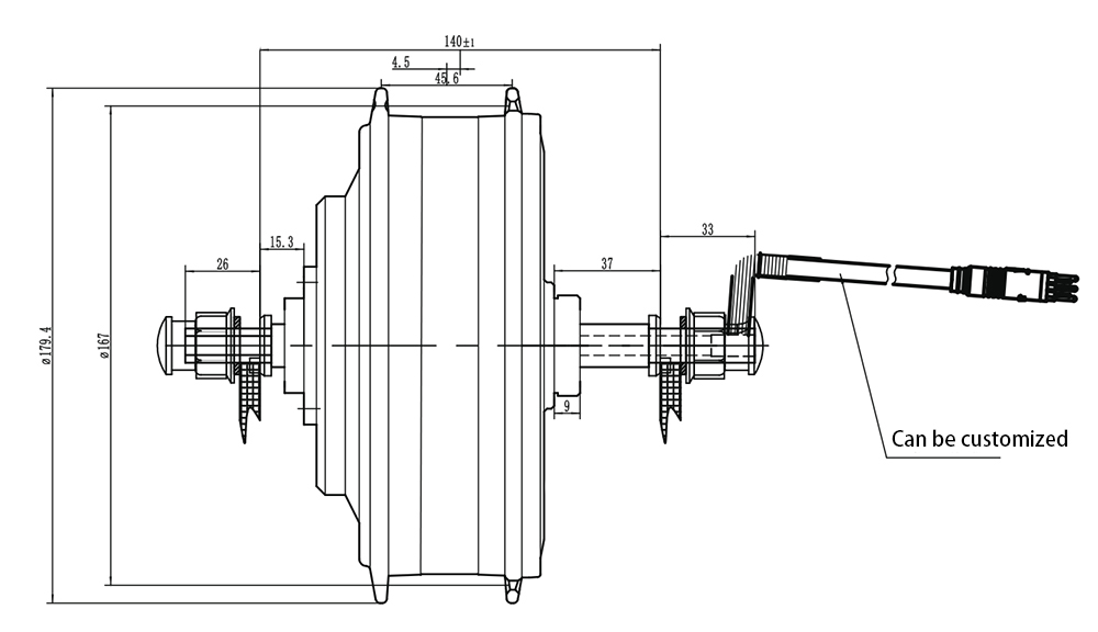 Dimension of ATO 1000W gear hub motor