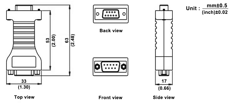 Dimension of RS232 to CAN BUS Converter
