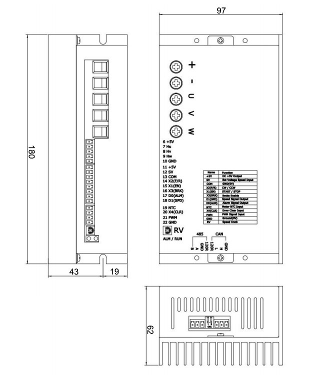 Dimension of Brushless DC Motor Driver 24V 60V