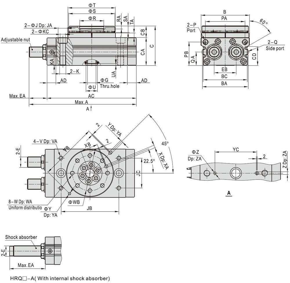 Dimension-of-pneumatic-rotary-actuator-HRQ-70~200