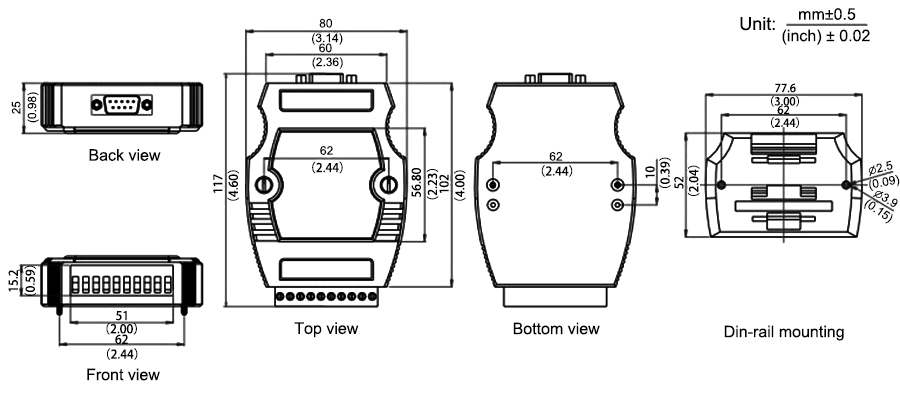Dimension of RS232 to 485 Converter 2 Port