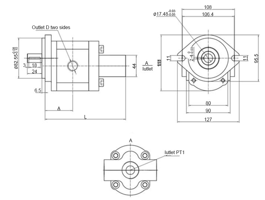 Dimensions of 10/12/13/15 GPM Hydraulic Gear Pump, 3300 psi