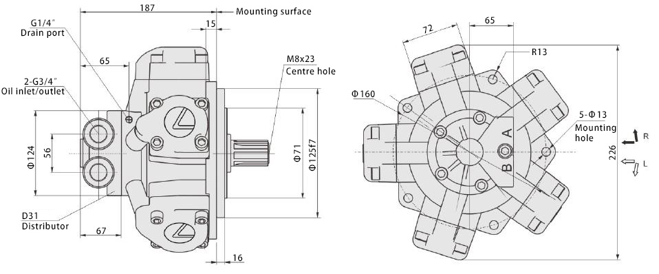 Dimensions Diagram of 10 HP 60-160cc Radial Piston Hydraulic Motor, 20MPa