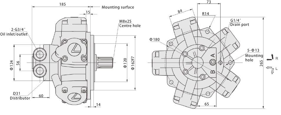 Dimensions Diagram of 15 HP 100-280cc Radial Piston Hydraulic Motor, 25MPa