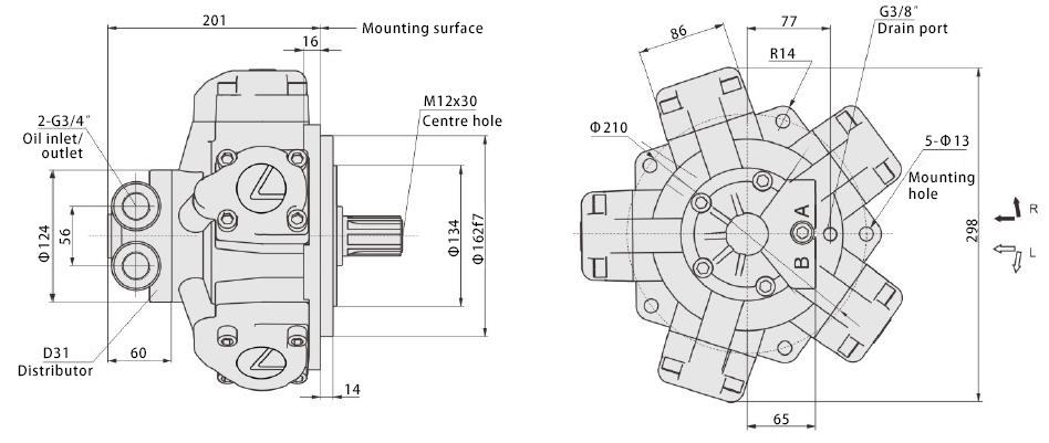 Dimensions diagram of 20 HP 175-400cc Radial Piston Hydraulic Motor, 20MPa