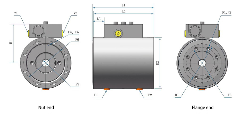 Dimensions Diagram of 2700 N.m Hydraulic Rotary Actuator, 180°~360°