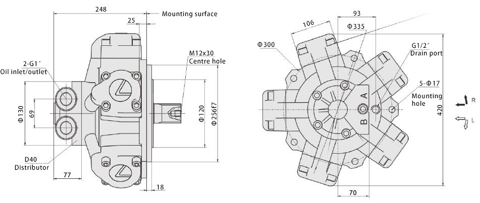Dimensions Diagram of 50 HP 600-1000cc Radial Piston Hydraulic Motor, 20MPa