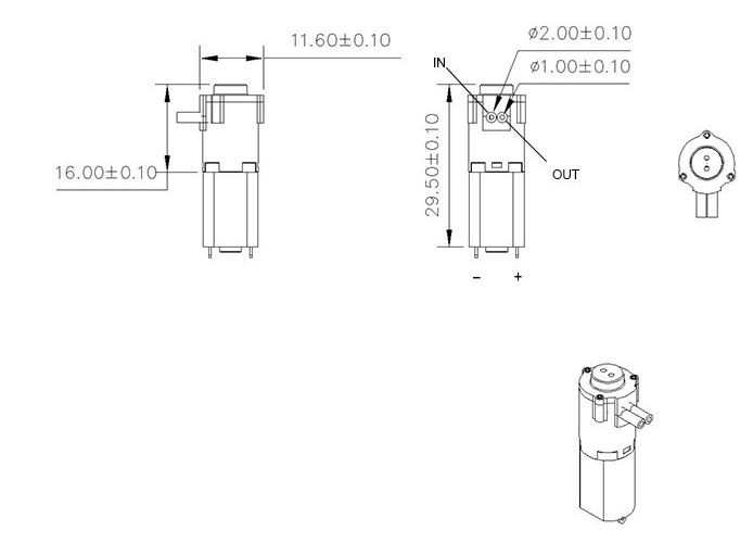 Dimensions of 0.5mL/min DC 5V/6V Micro Peristaltic Pump