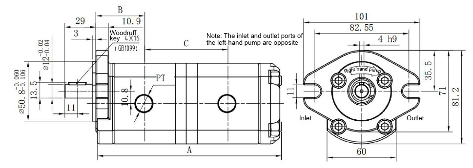 Dimensions of 1/2/4/5 GPM Hydraulic Tandem Gear Pump, 3600 psi