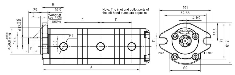 Dimensions of 1/2/4/5 GPM Hydraulic Triple Gear Pump, 3600 psi
