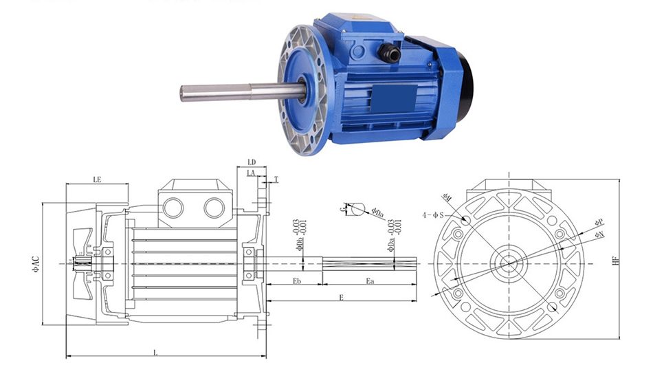 Dimensions of 1/2 hp 160mm Long Shaft Induction Motor, 2700 rpm, ordinary flange