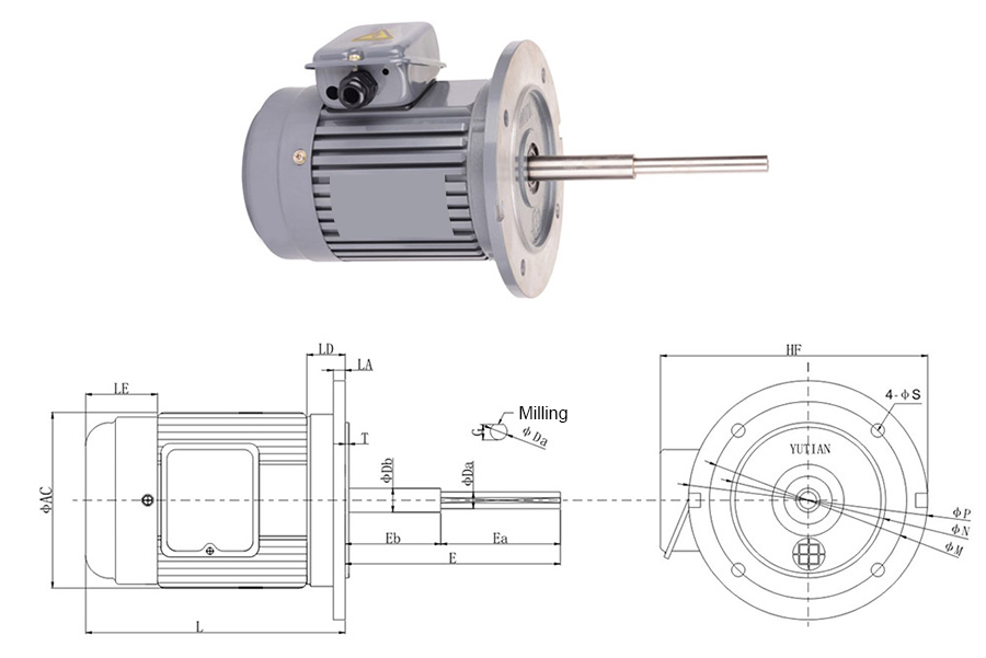 Dimensions of 1/3 hp 160mm Long Shaft Induction Motor, 2700 rpm