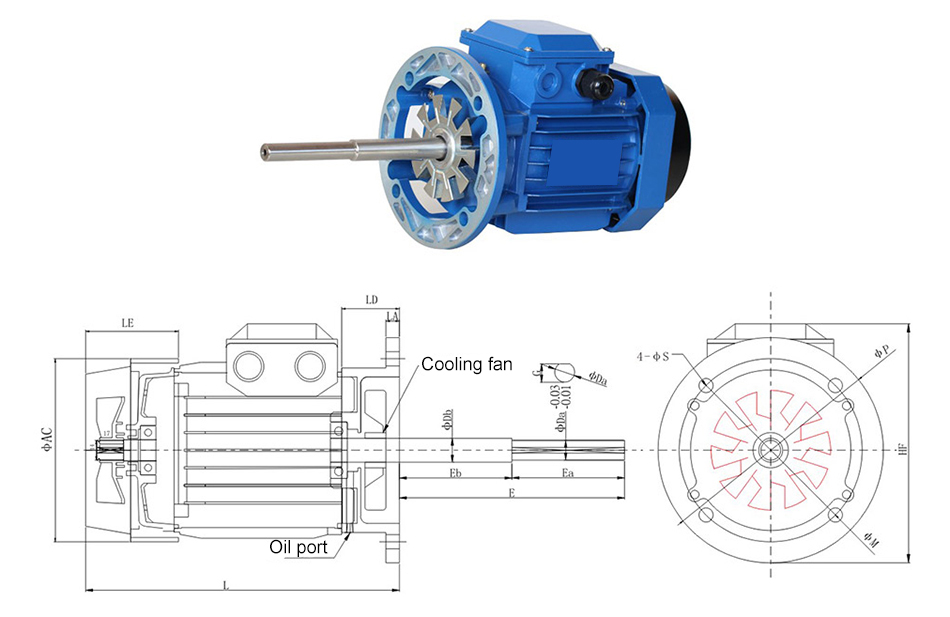 Dimensions of 1.5 hp 180mm Long Shaft Induction Motor, 2800 rpm, Heightening Flange