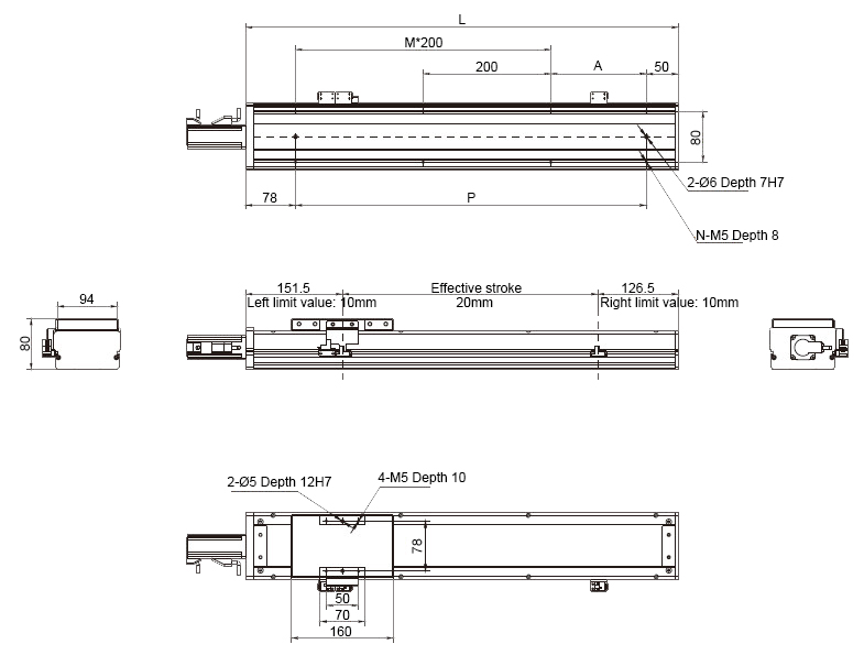 Dimensions of 100W 1050mm Ball Screw Driven Linear Slide with motor exposed