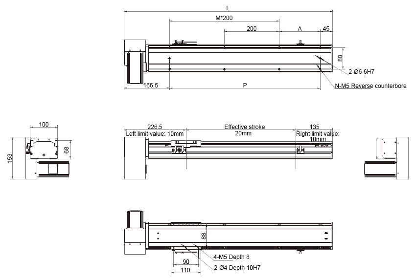 Dimensions of 100W 1800mm Belt Driven Linear Slide with motor Down to the Right 