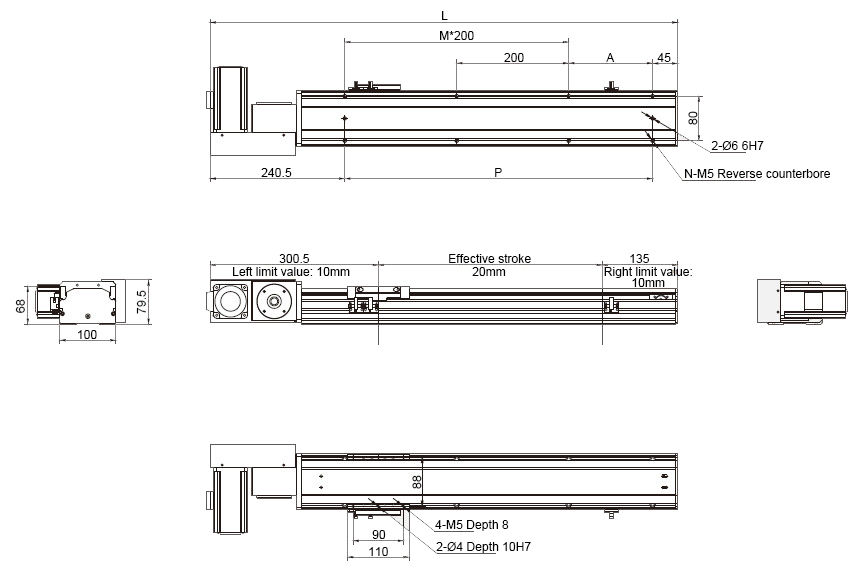 Dimensions of 100W 1800mm Belt Driven Linear Slide with motor Exposed and Left Fold