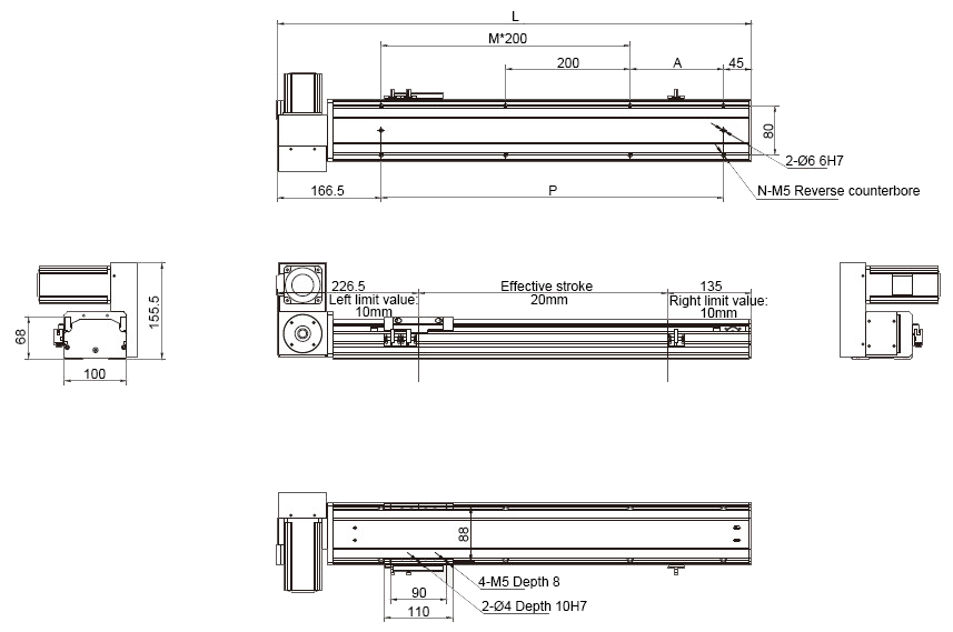 Dimensions of 100W 1800mm Belt Driven Linear Slide with motor on the Top Left