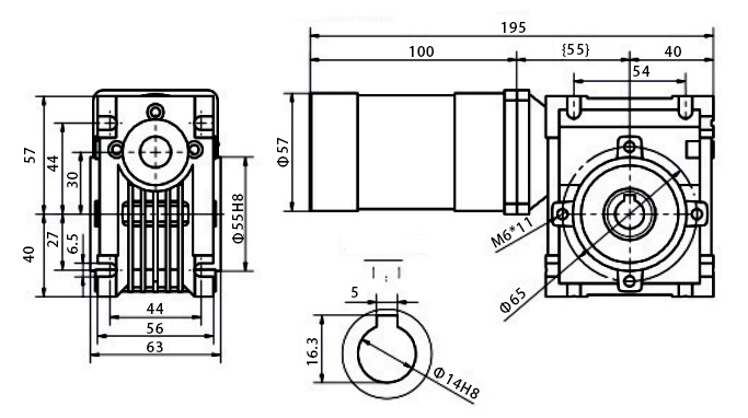 Dimensions of 100 W DC Worm Gear Motor
