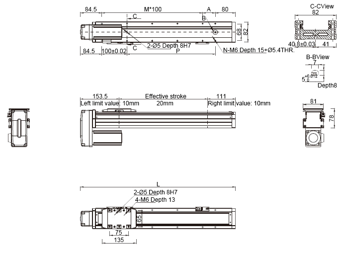 Dimensions of 1050mm Ф16mm Ball Screw Driven Linear Slide with motor on bottom side