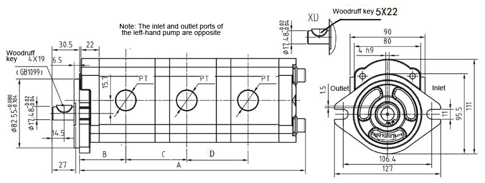 Dimensions of 11/13/15/18/20 GPM Hydraulic Triple Gear Pump, 3600 psi