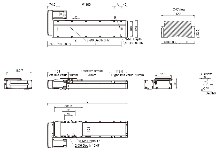 Dimensions of 1250mm Ф16mm Ball Screw Driven Linear Slide with motor on left side
