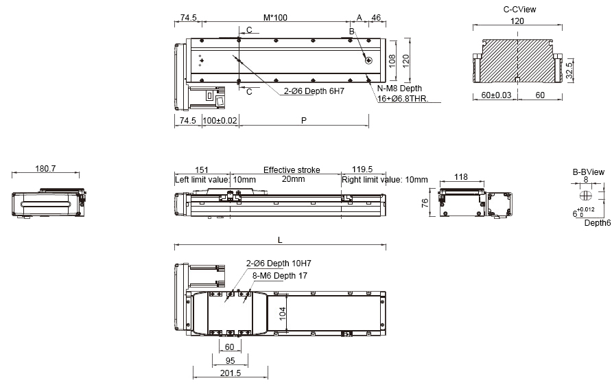 Dimensions of 1250mm Ф16mm Ball Screw Driven Linear Slide with motor on right side