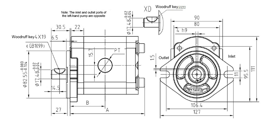 Dimensions of 13/15/18/20 GPM Hydraulic Single Gear Pump, 3600 psi
