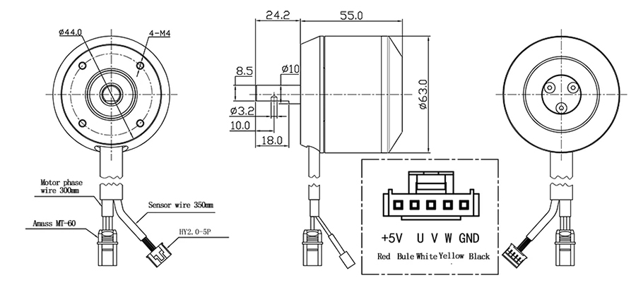 Dimensions of 1600W 160KV 12S Brushless Motor for Electric Skateboard