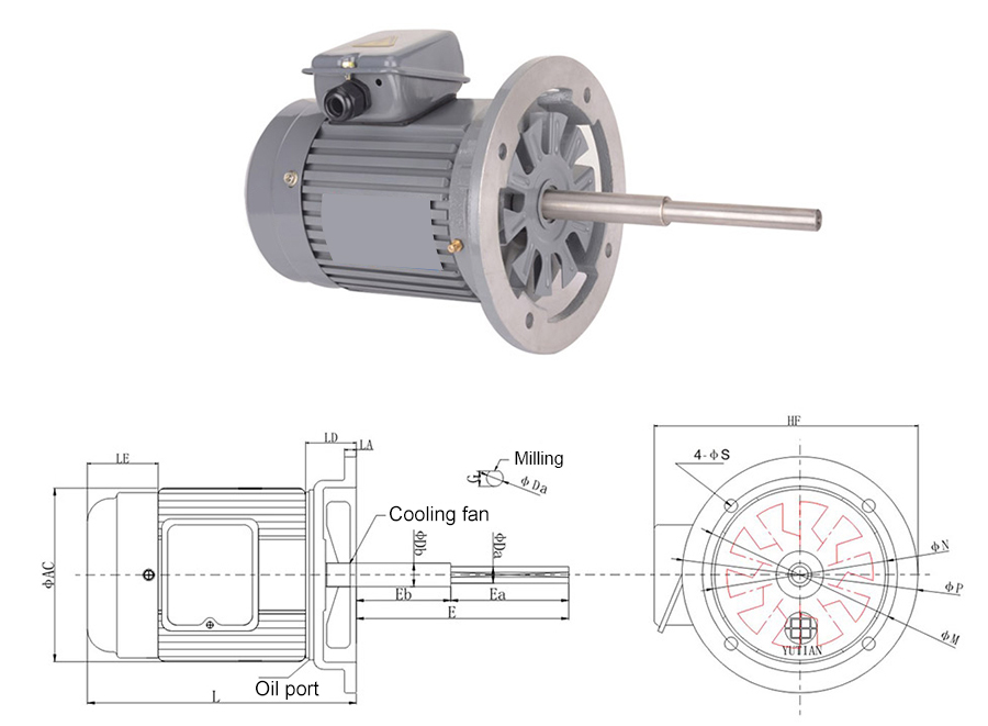 Dimensions of 1 hp/2 hp 180mm Long Shaft Induction Motor, 2800 rpm, heightening flange