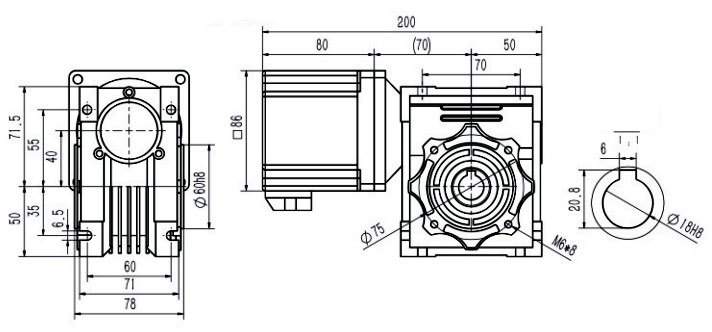 Dimensions of 200 W DC Worm Gear Motor