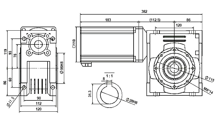 Dimensions of 2000 W DC Worm Gear Motor