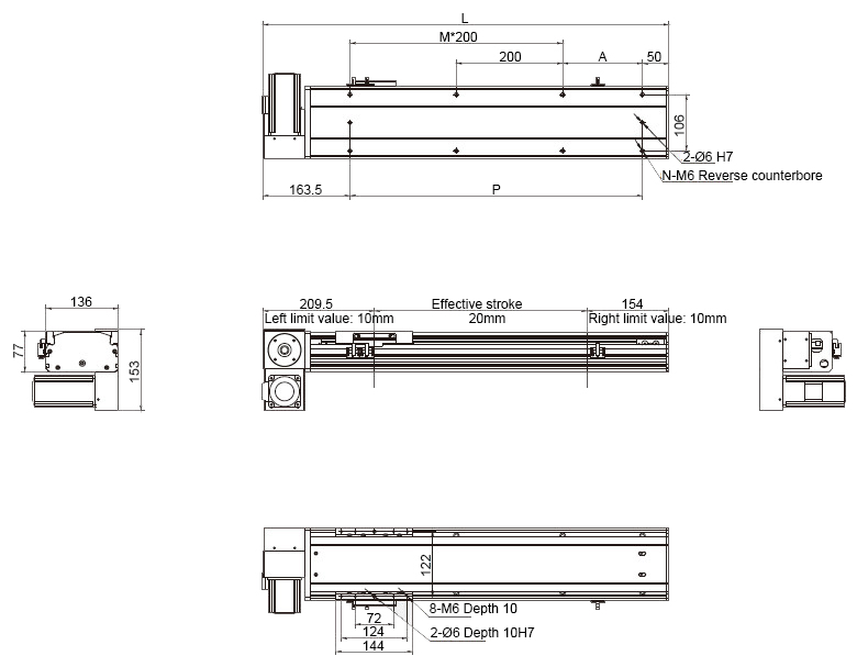 Dimensions of 200W 3050mm Belt Driven Linear Slide with motor Down to the Left