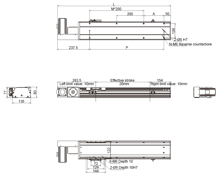 Dimensions of 200W 3050mm Belt Driven Linear Slide with motor Exposed and Left Fold