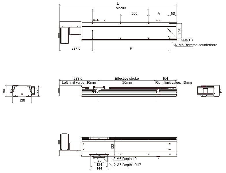 Dimensions of 200W 3050mm Belt Driven Linear Slide with motor Exposed and Right Fold