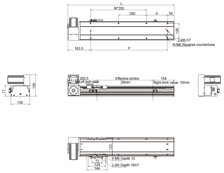 Dimensions of 200W 3050mm Belt Driven Linear Slide with motor on the Top Left