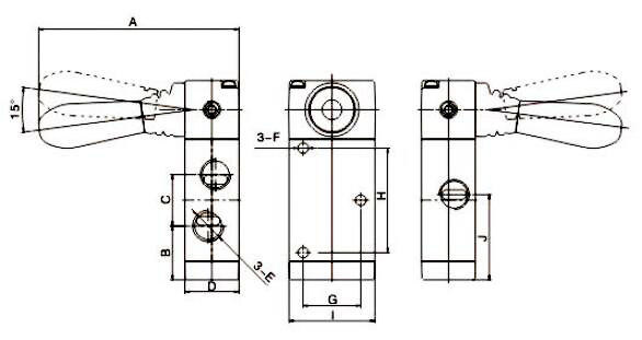 Dimensions of 3 Way 2 Position Pneumatic Hand Lever Valve